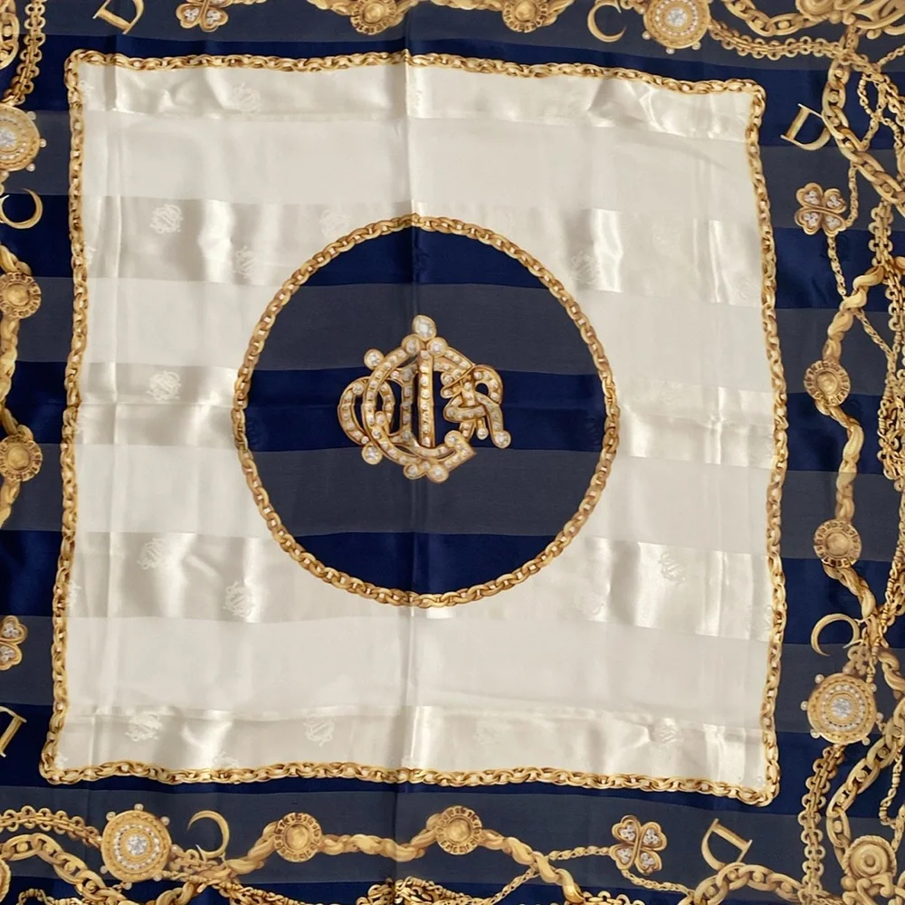 Christian Dior 100% silk scarf. Deep rich, navy blue gold cream color 34 x34